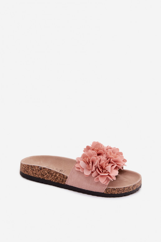 Roze faux leather slippers op kurkzool met bloemmotieven Seleneza
