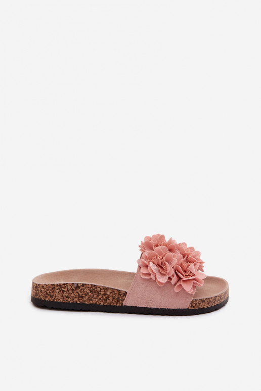 Roze faux leather slippers op kurkzool met bloemmotieven Seleneza