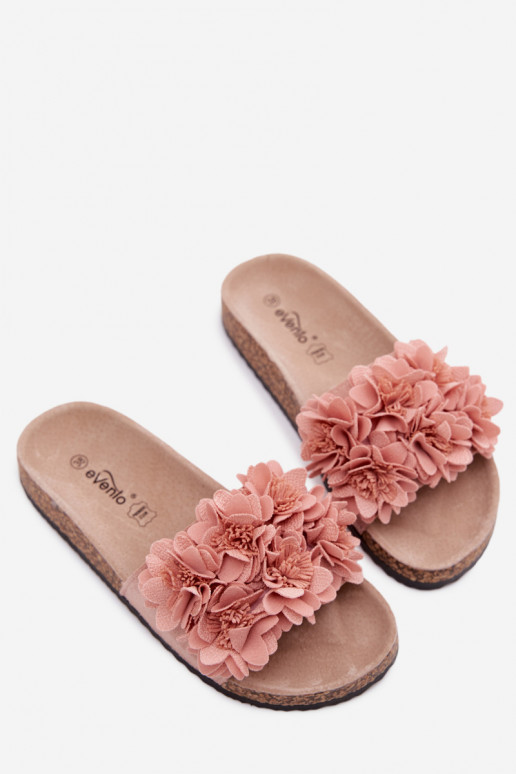 Roze faux leather slippers op kurkzool met bloemmotieven Seleneza