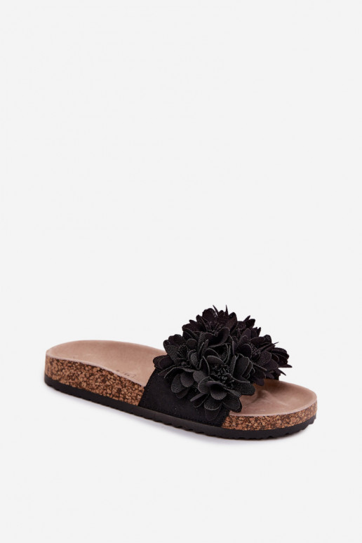 Zwarte faux leather slippers op kurkzool met bloemmotieven Seleneza