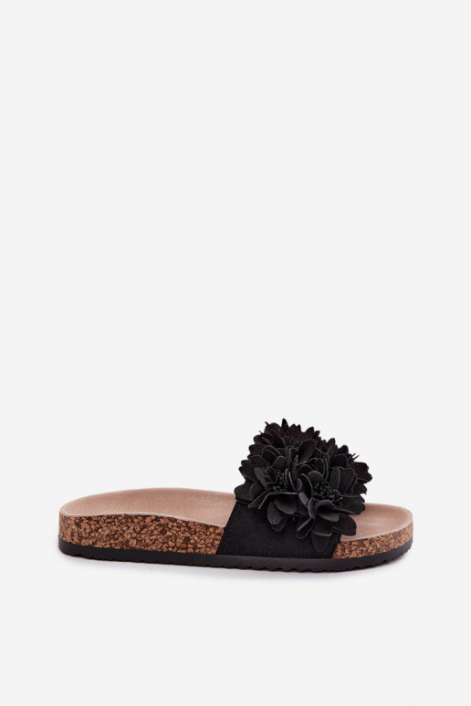 Zwarte faux leather slippers op kurkzool met bloemmotieven Seleneza