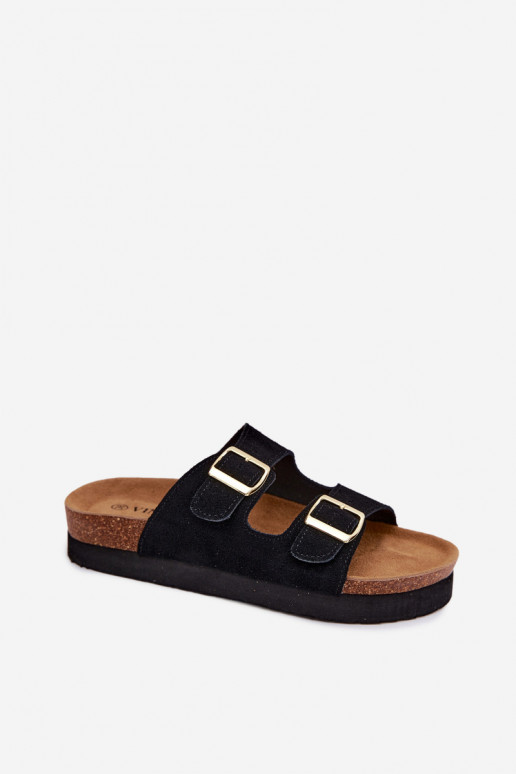 Zwarte faux suede slippers met platform en gespen Vinceza 102657