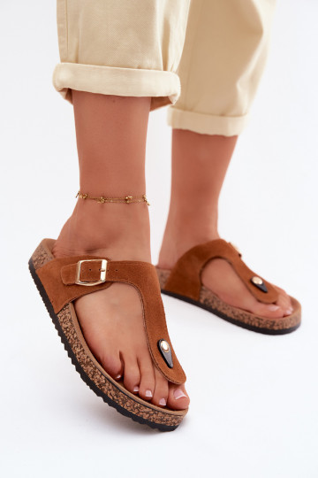 Bruine faux suede slippers met gouden gespen Honey 2