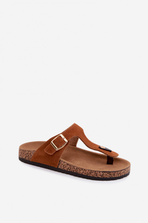 Bruine faux suede slippers met gouden gespen Honey