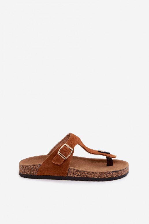 Bruine faux suede slippers met gouden gespen Honey
