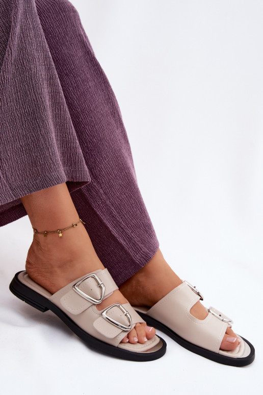 Leren pantoffels Dames met gespen Vinceza 62304 beige