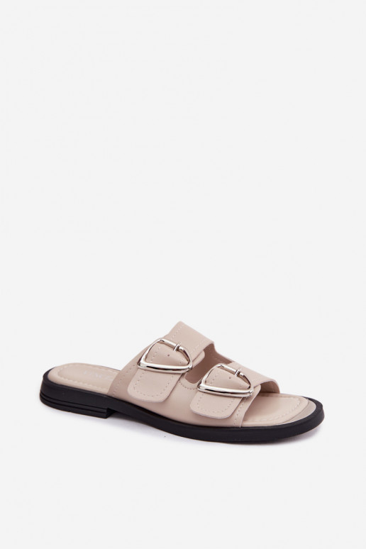 Leren slippers met gespen Vinceza 62304 zandkleurig
