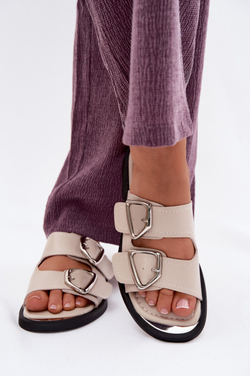 Leren pantoffels Dames met gespen Vinceza 62304 beige