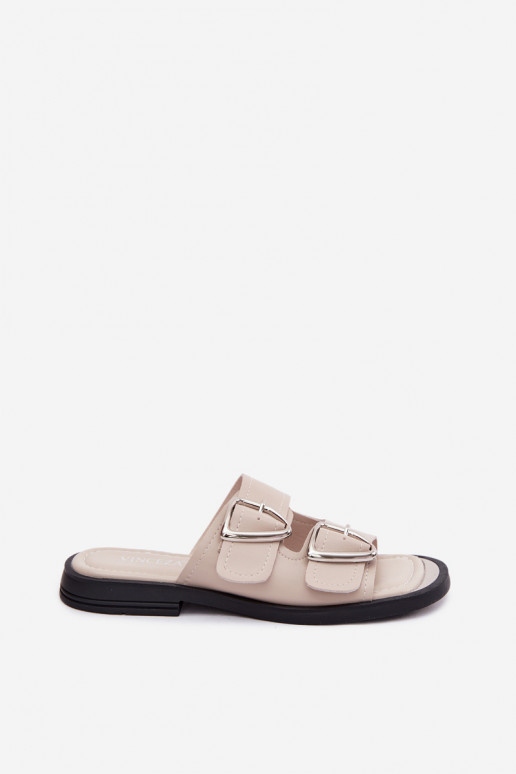 Leren slippers met gespen Vinceza 62304 zandkleurig