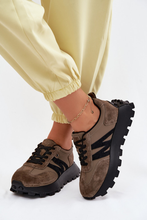 Leer van suède Sneakers model schoenen Dames met platform Vinceza 41520 kaki kleuren