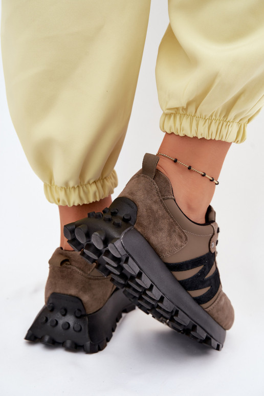 Leer van suède Sneakers model schoenen Dames met platform Vinceza 41520 kaki kleuren