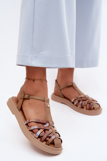 Leren platte sandalen voor vrouwen met bandjes in zandkleur