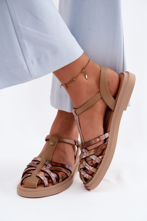 Leren platte sandalen voor vrouwen met bandjes in zandkleur