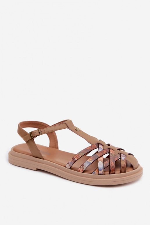 Leren platte sandalen voor vrouwen met bandjes in zandkleur