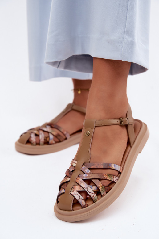 Leer Sandalen voor dames Met Strepen Het heeftciejka K7442-04 beige