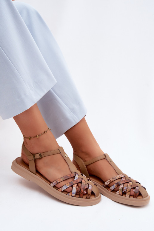 Leren platte sandalen voor vrouwen met bandjes in zandkleur