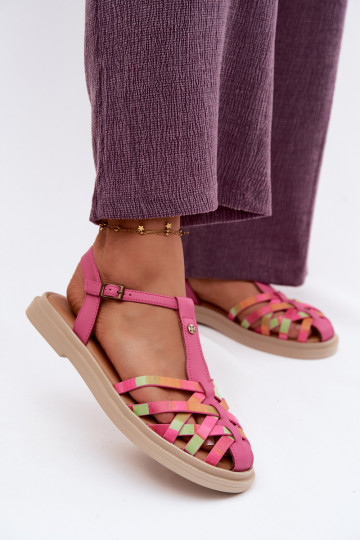 Leren platte sandalen voor vrouwen met bandjes in roze 2