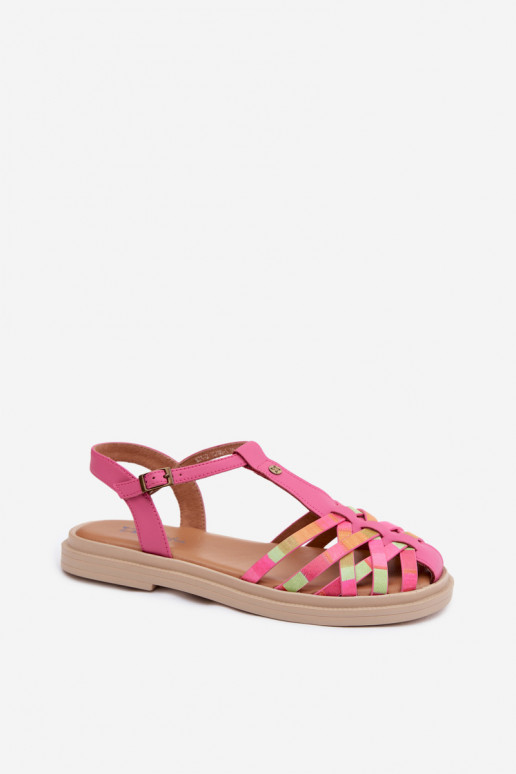 Leren platte sandalen voor vrouwen met bandjes in roze
