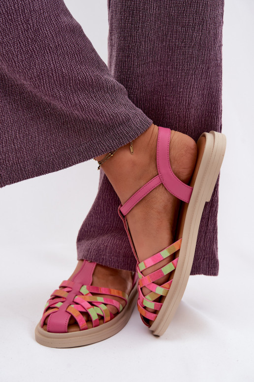 Leren platte sandalen voor vrouwen met bandjes in roze