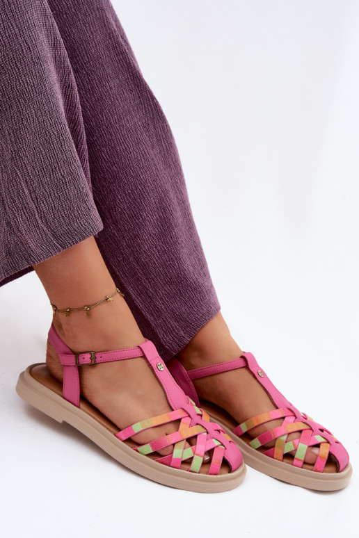 Leren platte sandalen voor vrouwen met bandjes in roze