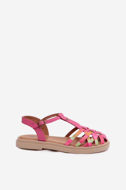Leren platte sandalen voor vrouwen met bandjes in roze