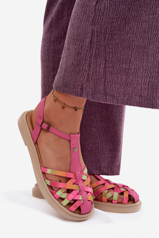 Leren platte sandalen voor vrouwen met bandjes in roze