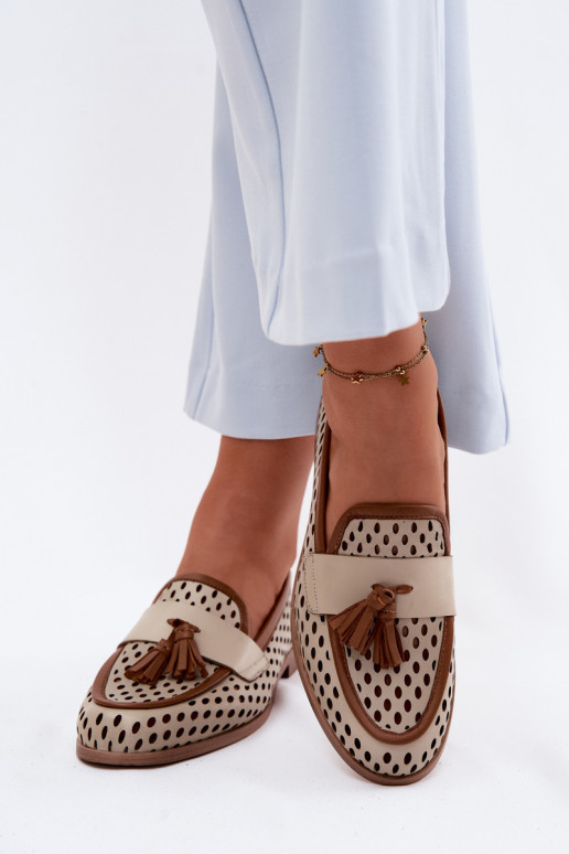 Leer met elementen van opengeInerkt schoenen dames mocassins Het heeftciejka HJ760-14 bruin-beige