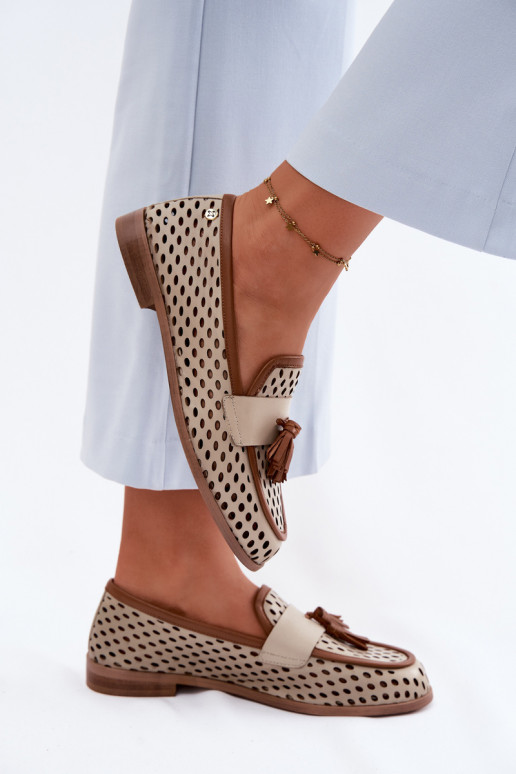 Leer met elementen van opengeInerkt schoenen dames mocassins Het heeftciejka HJ760-14 bruin-beige