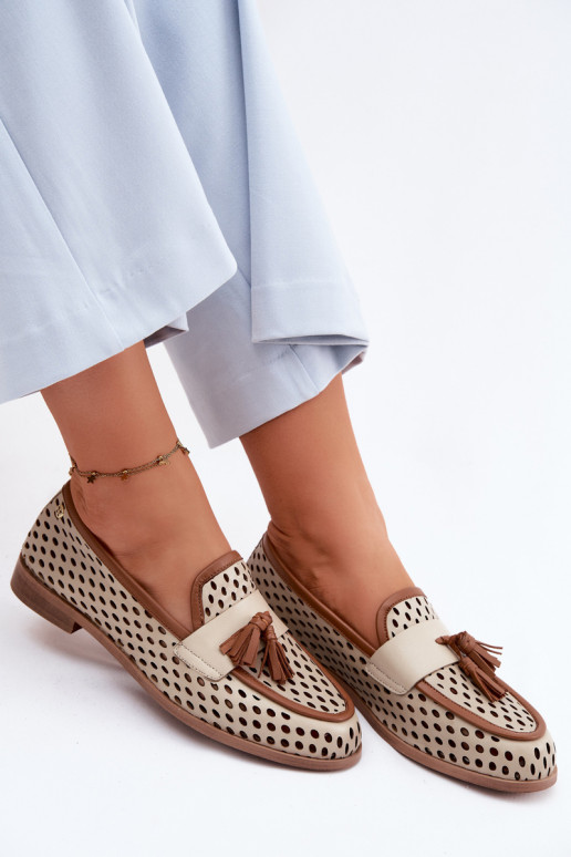 Leer met elementen van opengeInerkt schoenen dames mocassins Het heeftciejka HJ760-14 bruin-beige