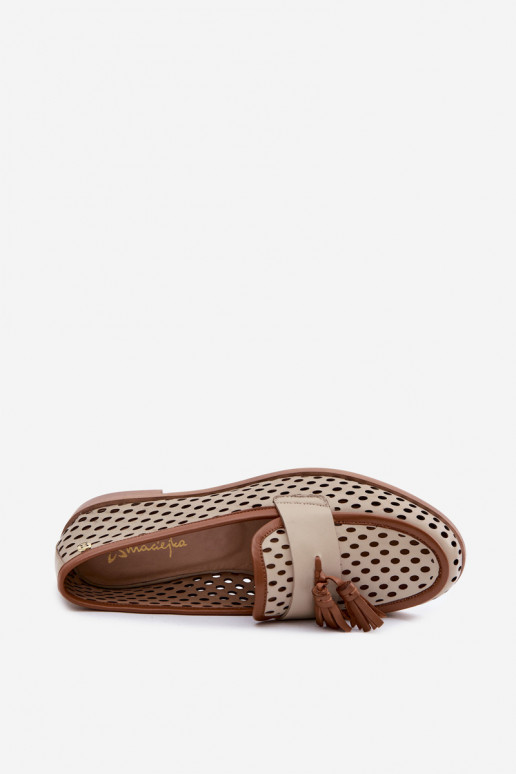 Leer met elementen van opengeInerkt schoenen dames mocassins Het heeftciejka HJ760-14 bruin-beige