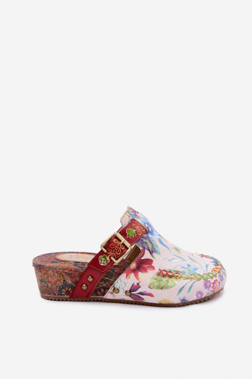 Leren dames slippers met platform en bloemen in verschillende kleuren