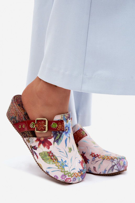 Leren dames slippers met platform en bloemen in verschillende kleuren