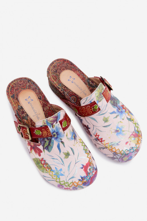 Leren dames slippers met platform en bloemen in verschillende kleuren