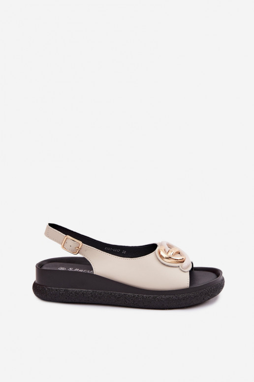 Leren platformsandalen met ornamenten in zandkleur