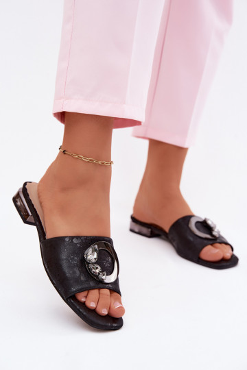 Dames slippers met brede hakken en ornamenten KV61-6025 zwarte kleur 2