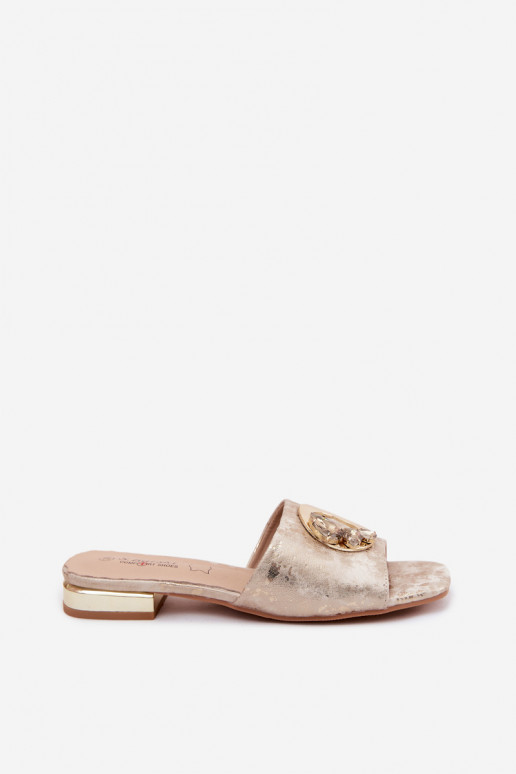 Dames slippers met brede hakken en ornamenten KV61-6025 gouden kleur