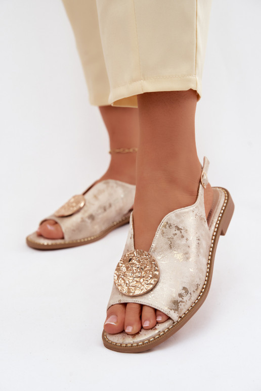 Dames sandalen met brede hakken en ornamenten S.Barski KV61-6035 gouden kleur