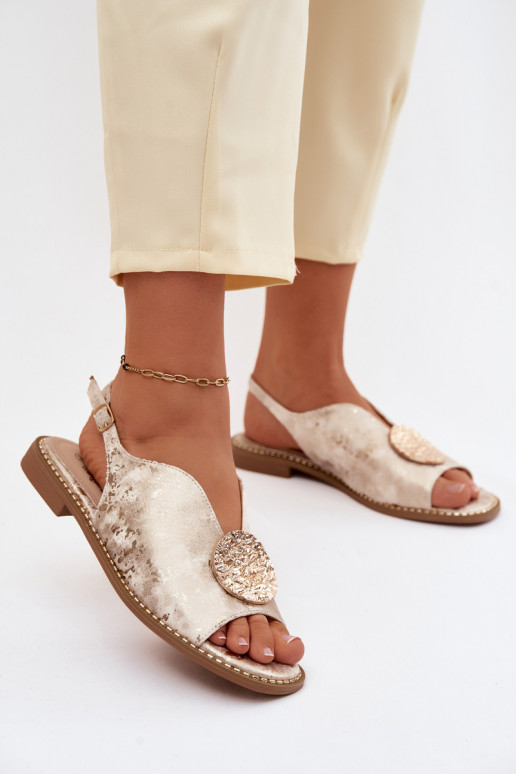 Dames sandalen met brede hakken en ornamenten S.Barski KV61-6035 gouden kleur