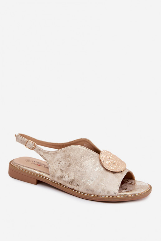 Dames sandalen met brede hakken en ornamenten S.Barski KV61-6035 gouden kleur