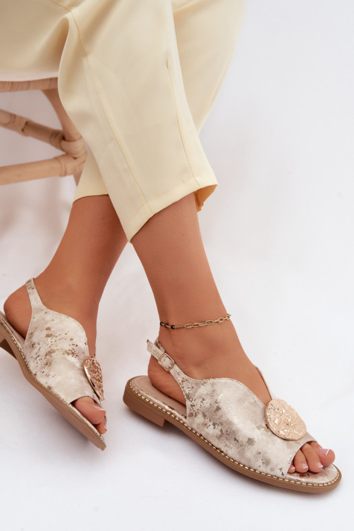 Dames sandalen met brede hakken en ornamenten S.Barski KV61-6035 gouden kleur