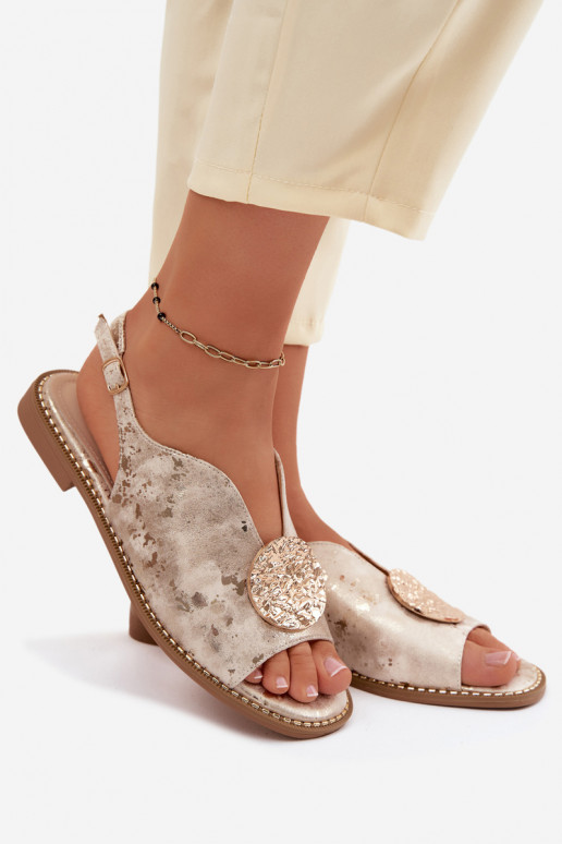 Dames sandalen met brede hakken en ornamenten S.Barski KV61-6035 gouden kleur