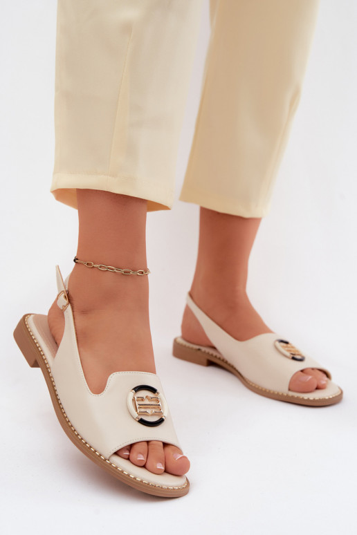 Dames sandalen met brede hakken en ornamenten S.Barski KV61-6037 crèmekleur