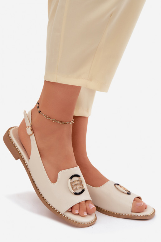 Dames sandalen met brede hakken met ornamenten S.Barski KV61-6037 crème kleuren