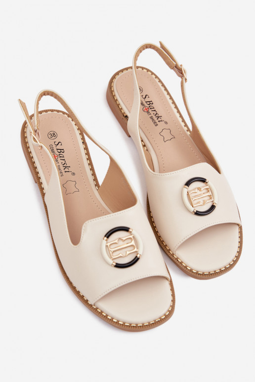 Dames sandalen met brede hakken en ornamenten S.Barski KV61-6037 crèmekleur