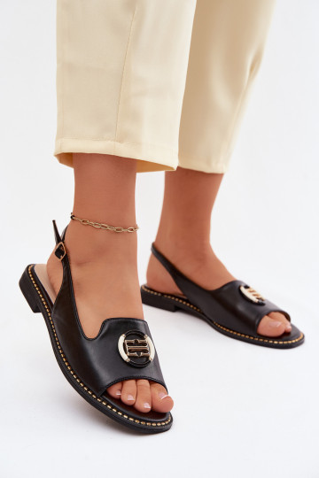Dames sandalen met brede hakken en ornamenten S.Barski KV61-6037 zwarte kleur