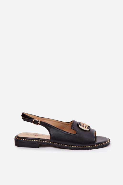 Dames sandalen met brede hakken en ornamenten S.Barski KV61-6037 zwarte kleur