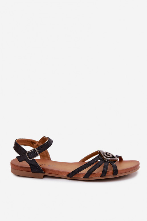 Platte sandalen voor dames met bandjes en decoratie S.Barski KV61-6056 zwarte kleur