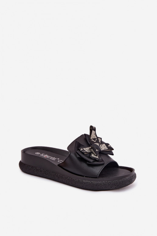 Dames slippers van natuurlijk leer met strikken S.Barski KV61-6061 zwarte kleur