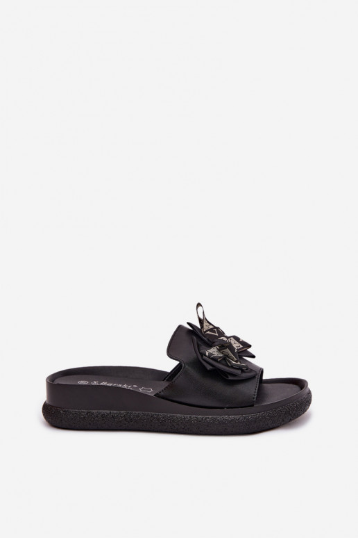 Dames slippers van natuurlijk leer met strikken S.Barski KV61-6061 zwarte kleur