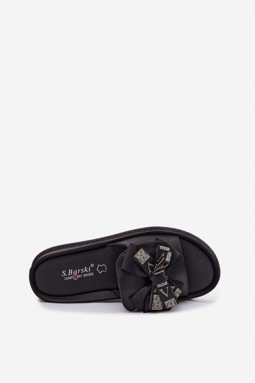 Dames slippers van natuurlijk leer met strikken S.Barski KV61-6061 zwarte kleur